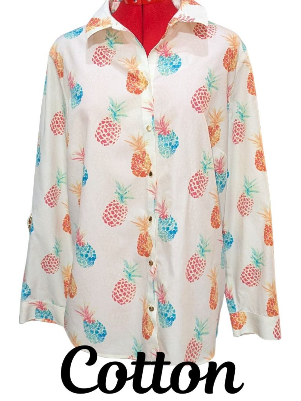 Chico's 100% Cotton Pineapple Print Button Down Shirt